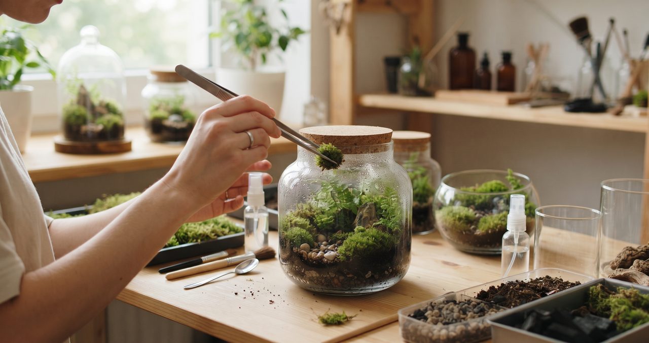 コルクの蓋のガラス瓶に入った苔テラリウムと、ピンセットで苔を載せる手、霧吹きや道具