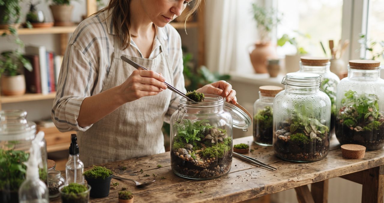 ピンセットで苔を置く女性と、背後の棚と机に並ぶ蓋付きガラス容器のテラリウム