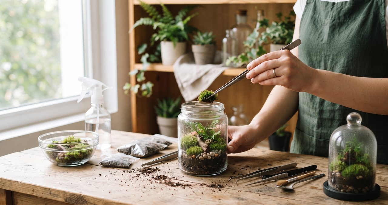 ガラス容器にピンセットで苔を植える手と、霧吹き、道具、ガラスドームのテラリウム
