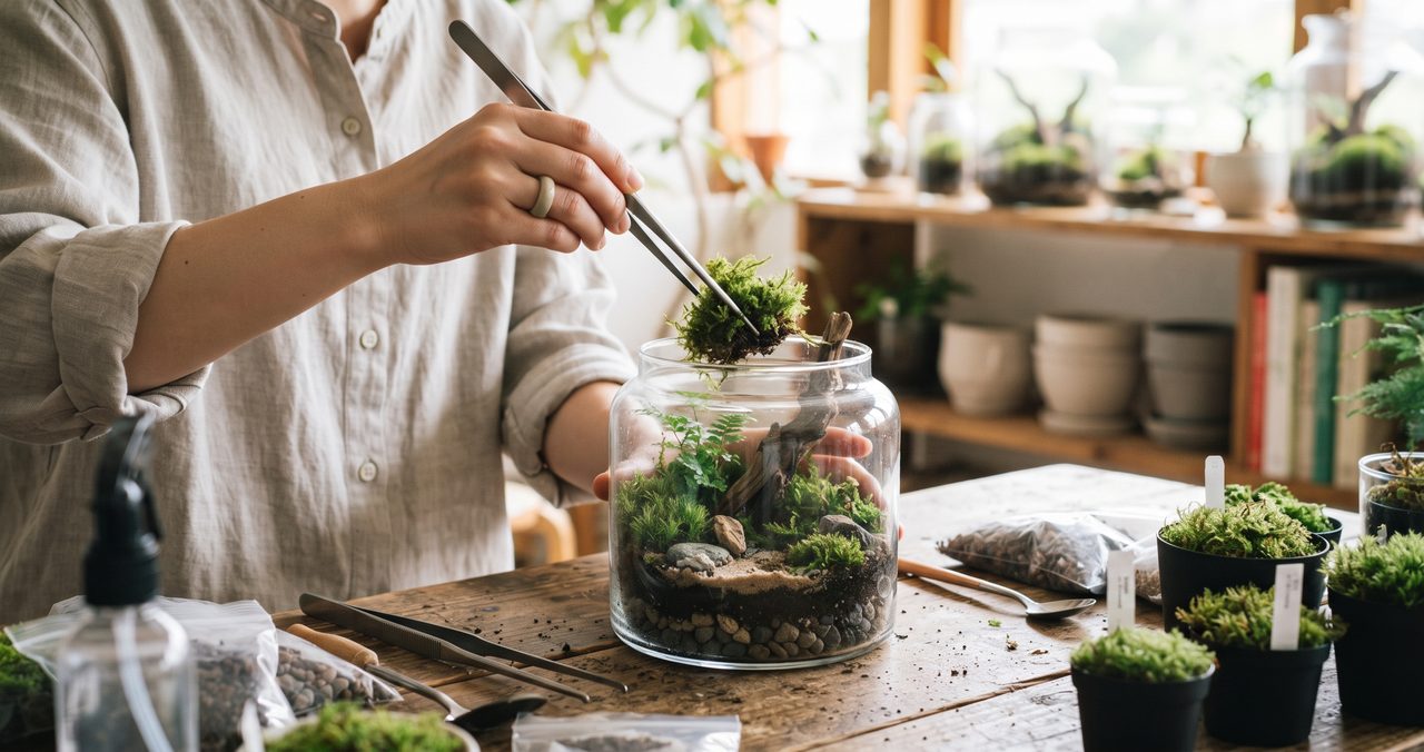 ガラス瓶にピンセットで苔を載せる手と、机に並ぶ苔の鉢や霧吹き