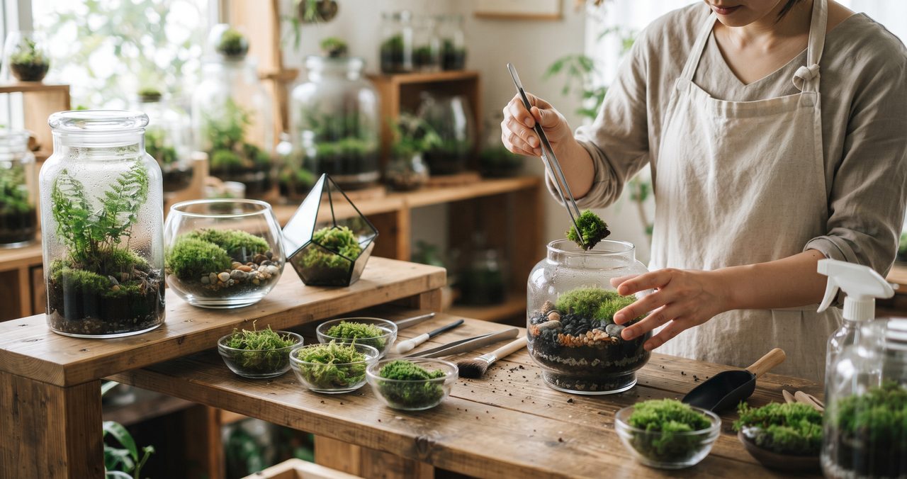 机にいくつものガラス容器と苔の入った小皿を並べ、ピンセットで苔を植える手