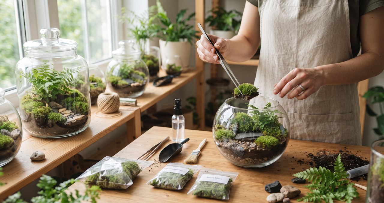 苔の袋や砂、霧吹きを机に並べ、ガラスボウルにピンセットで苔を入れる手と、蓋付き容器