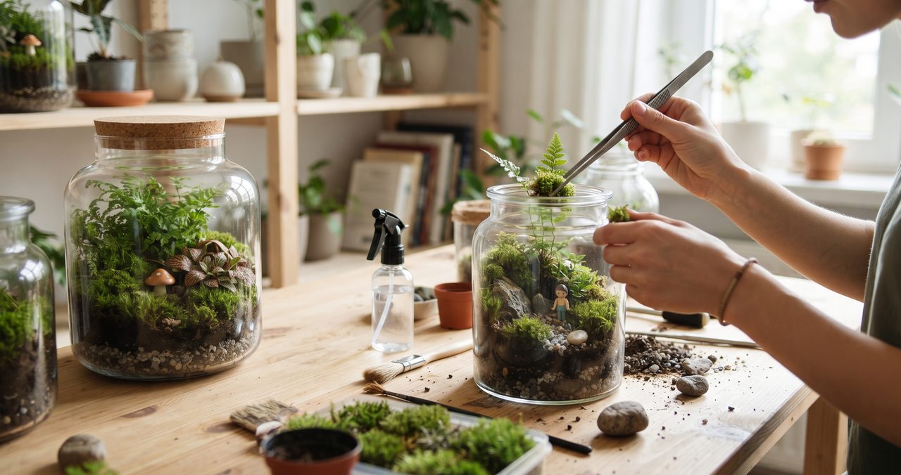 ガラス瓶にピンセットで苔やシダを配置する手と、奥の苔テラリウム、霧吹きと道具