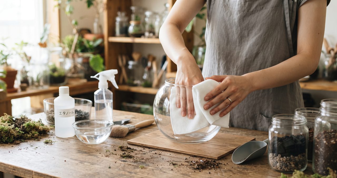 丸いガラス容器を布で拭いて洗浄する手と、アルコールの瓶、霧吹き、並んだ容器