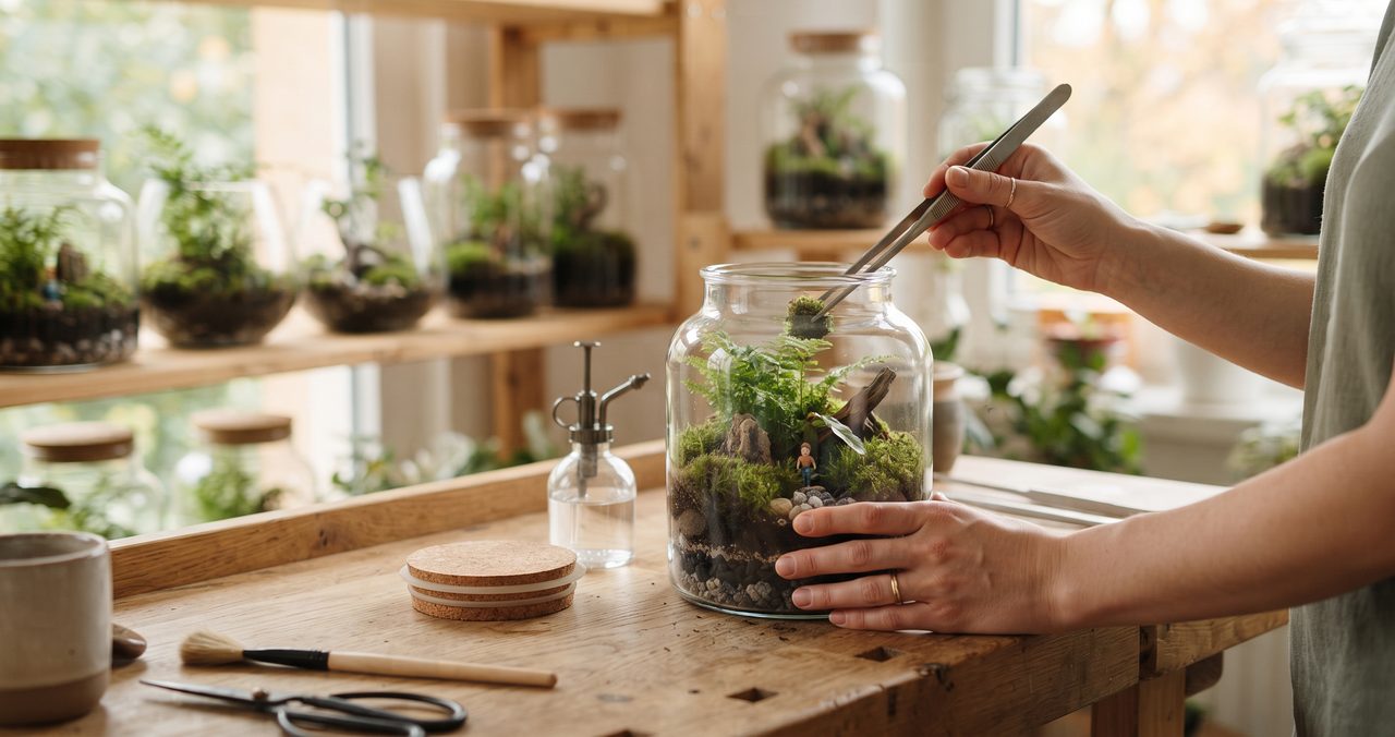 机の上のガラス瓶にピンセットで苔を置き、霧吹きや道具を横に置いた、仕上げの作業