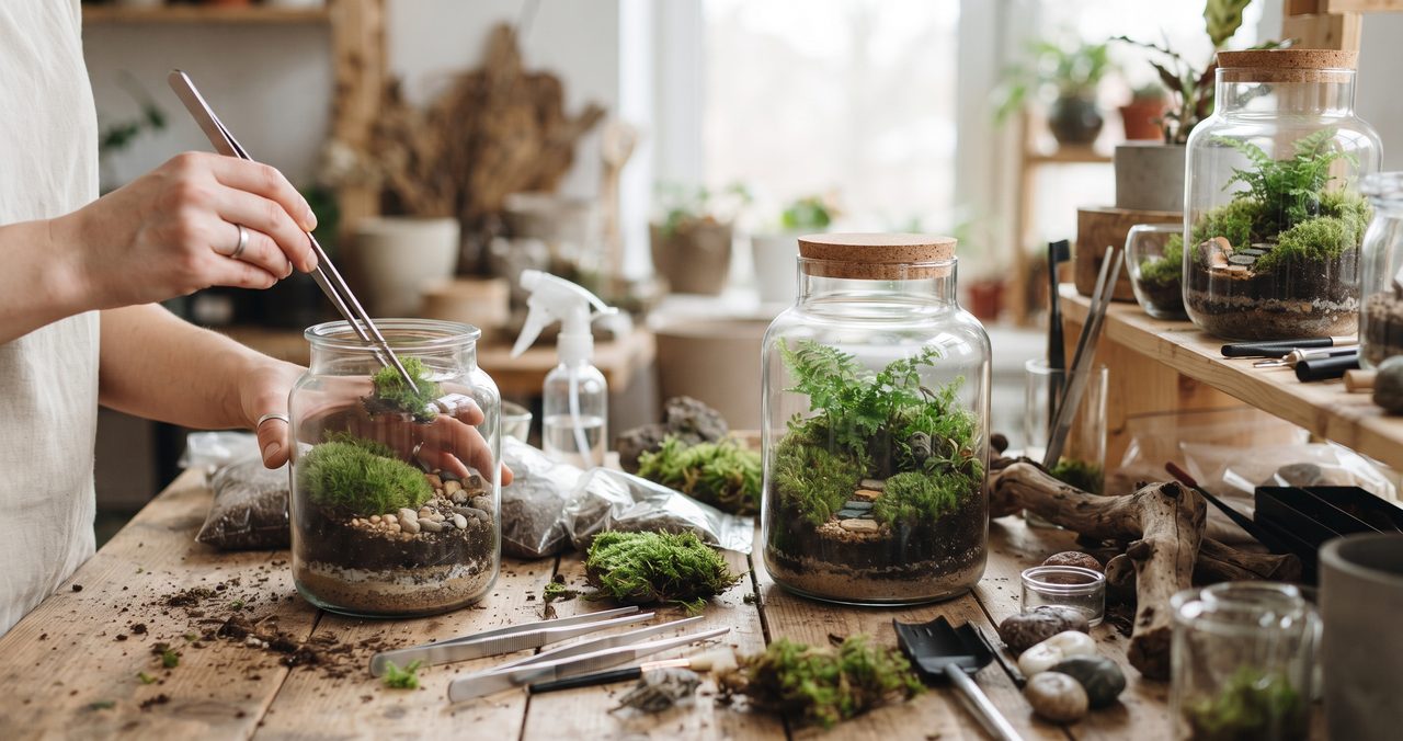 ガラス瓶にピンセットで苔を入れる作業中の手と、机に並ぶ完成した苔テラリウムや道具