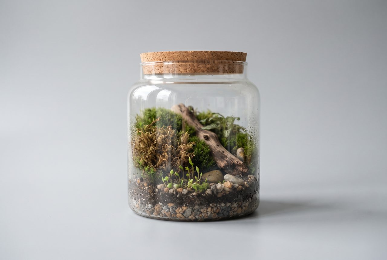 一部が茶色く変色しつつも根元から新しい緑の芽が伸びている苔テラリウムの物撮り写真