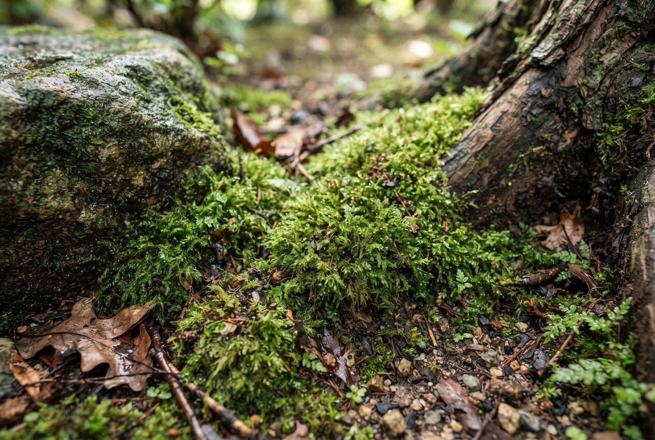 庭の石や木の根元に自然に広がって生えている苔をマクロで撮影した写真
