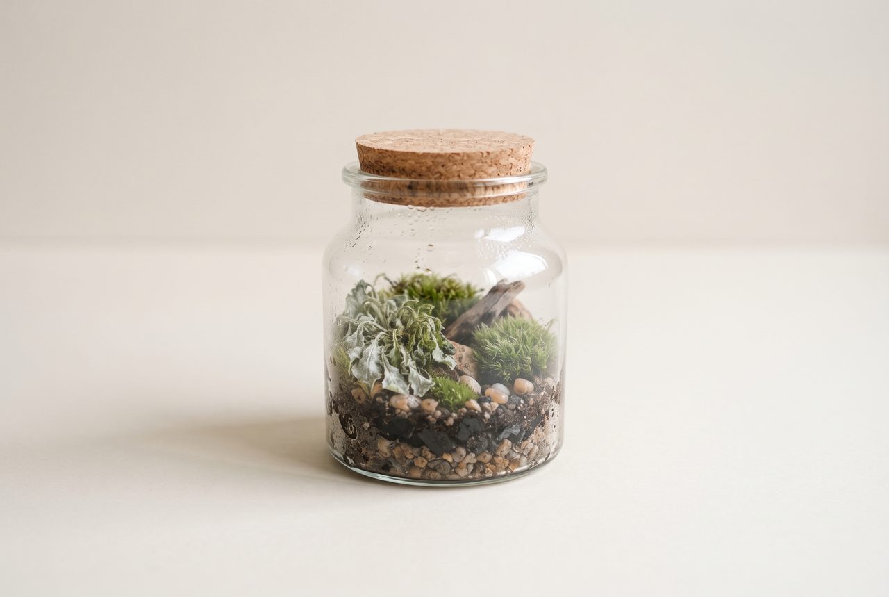 作ったばかりで一部の苔がしんなりとしおれ、色が薄く白っぽく見える苔テラリウムの物撮り写真