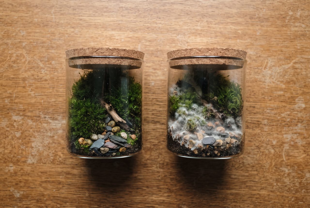健康な濃い緑の苔テラリウムと、土の表面に白いふわふわしたカビが広がった苔テラリウムを並べた俯瞰写真