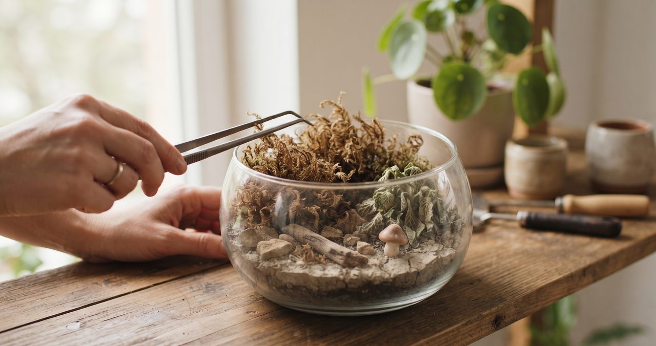 乾燥して茶色くなった苔を、ピンセットで取り除こうとしている丸いガラス容器