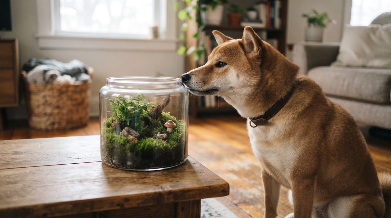 開放型の苔テラリウムの縁に鼻を近づける犬