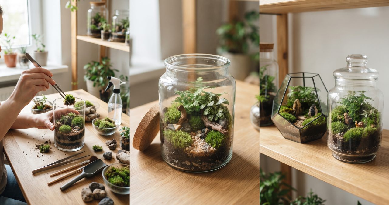 ピンセットで作業する手と、ガラス瓶や多面体の容器に入った3つの苔テラリウムが並んだ場面