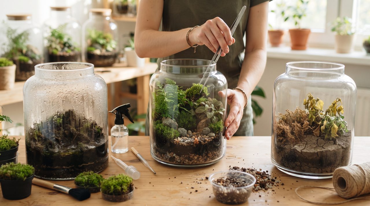 苔の状態が異なる3つの大きなガラス瓶、水が少なく乾いたものと苔が元気なもの、茶色くなったものを並べ、ピンセットで整える手