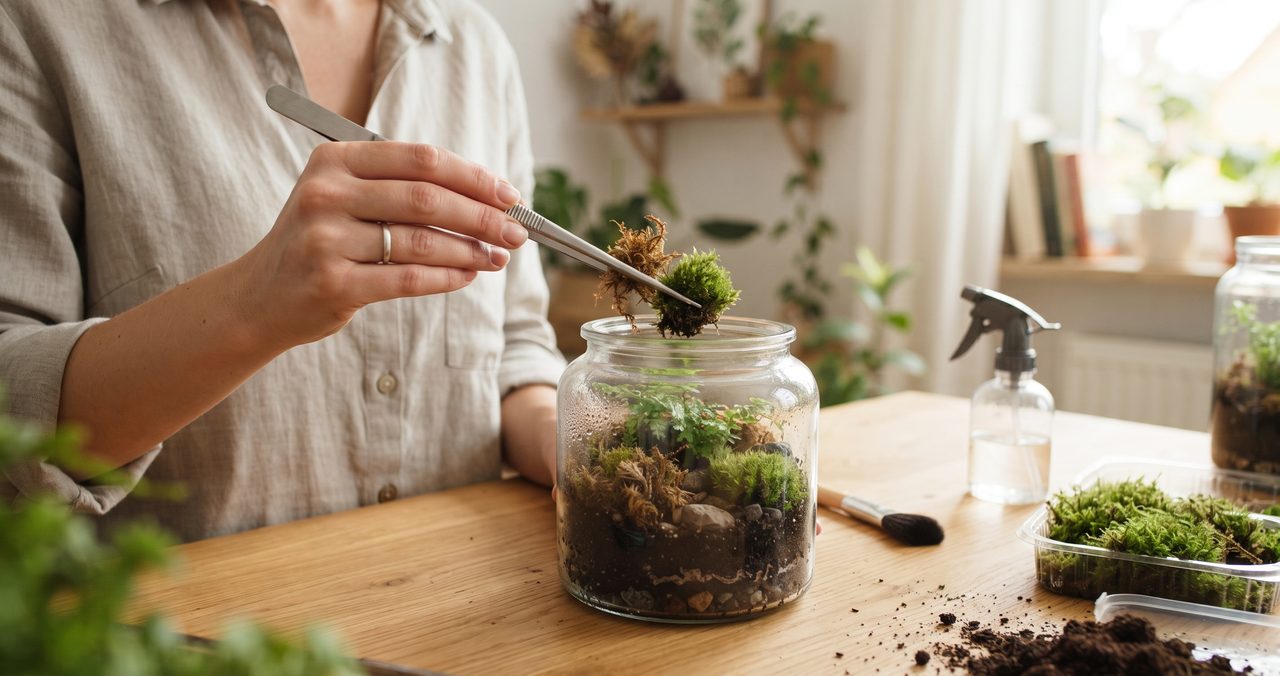 茶色くなった部分を取り除くように、ピンセットで容器の苔を触る手と、霧吹き、トレイの苔