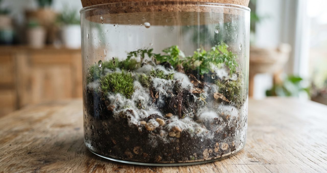 ガラス容器の中の土や苔の表面に、白いカビが広がっている苔テラリウム