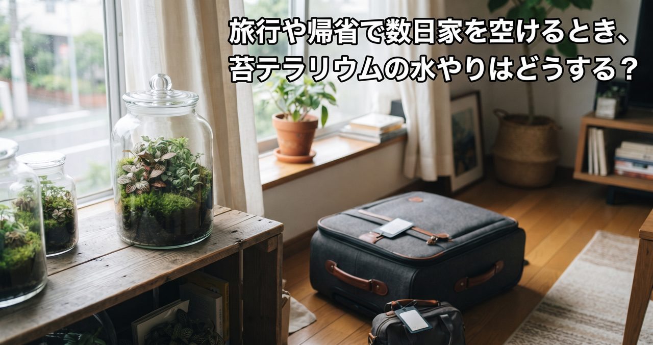 旅行や帰省で数日家を空けるとき、苔テラリウムの水やりはどうする?のアイキャッチ画像(写真調)