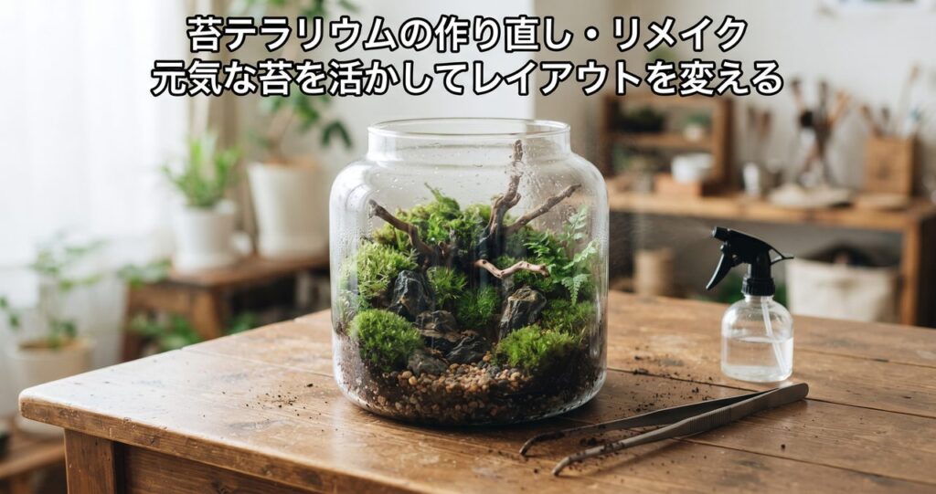 苔テラリウムの作り直し・リメイク、元気な苔を活かしてレイアウトを変える手順というタイトルの記事アイキャッチ、流木と石でレイアウトを作り直した苔テラリウム容器とピンセット・霧吹きボトル