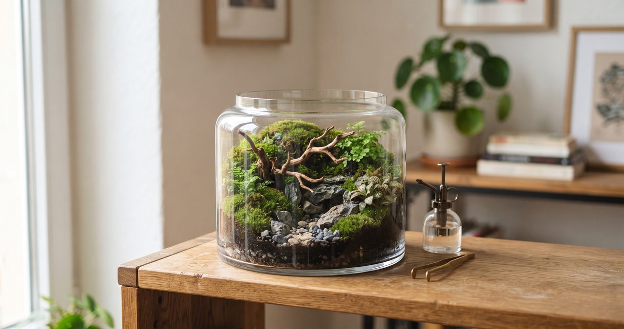 流木と石を新しく配置し苔に高低差をつけてレイアウトを作り直した苔テラリウムの完成写真、木製の棚の上に置かれている