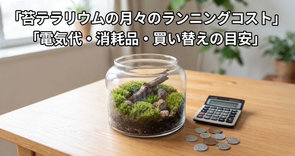苔テラリウムの月々のランニングコストというタイトルの記事アイキャッチ、木製テーブルの上に苔テラリウムの容器と電卓、硬貨が並んでいる写真