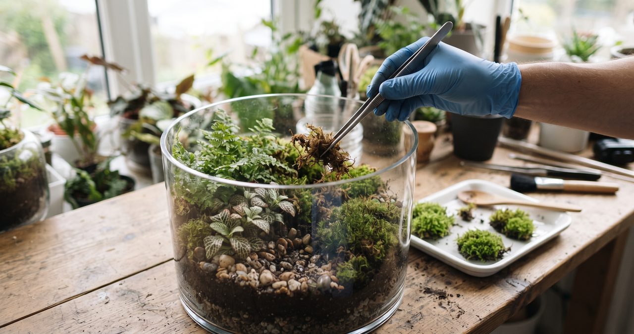 開放型のガラス容器の中で古くなって茶色く変色した苔をピンセットでつまみ上げて取り除いている手元、隣のトレーには植え替え用の新しい緑の苔が置かれている写真