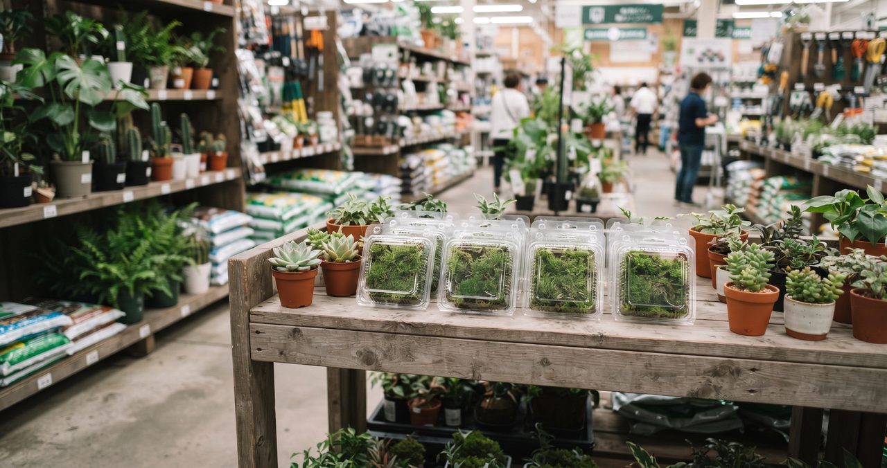 ホームセンターの店内、観葉植物や多肉植物の棚が並ぶ一角に苔のパックが陳列されている写真