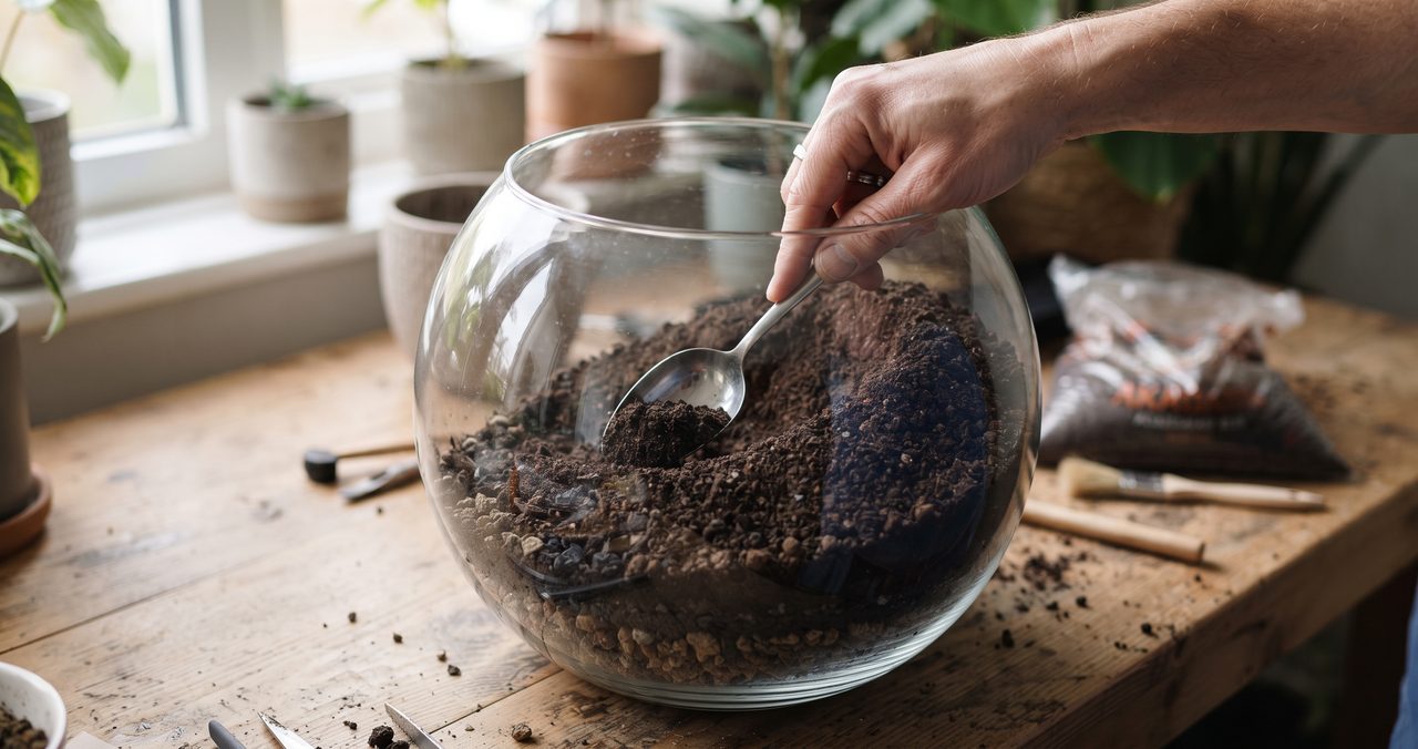 開放型のガラス容器の奥側に、片手でスプーンを使って赤玉土やソイルを山型に盛り上げている途中の様子、奥が高く手前がなだらかに低くなっている土台の写真