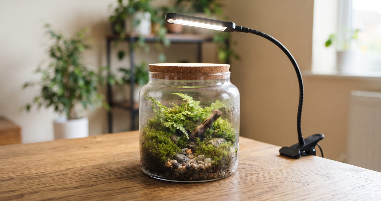 明るい室内の木製テーブルの上で、透明なガラス容器の苔テラリウムのほぼ真上、20〜30cm程度にクリップ式LED育成ライトを固定し、容器全体に均等に光を当てている写真