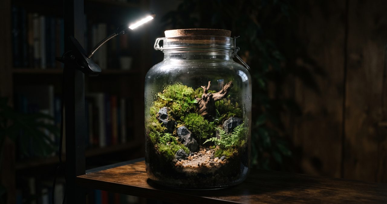 やや暗めの室内で、苔テラリウムの斜め45度前後の位置からクリップ式LEDライトを当て、石や流木の凹凸に濃い陰影がくっきりと落ちている写真