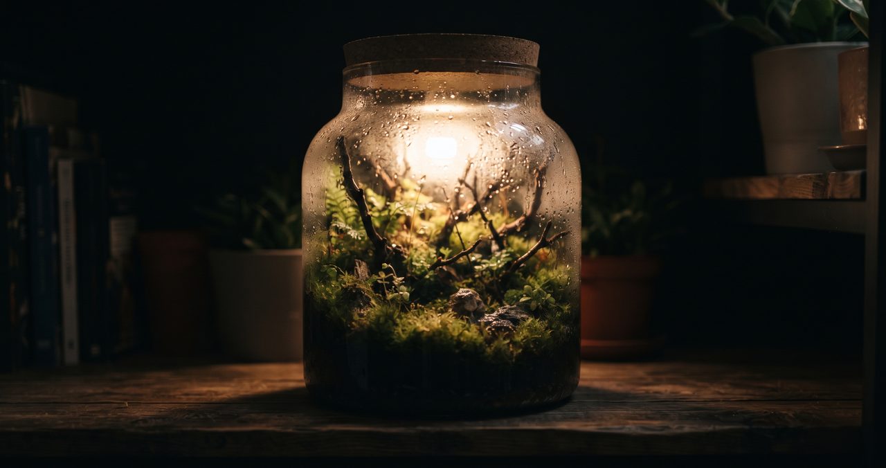 暗めの室内で、苔テラリウムの背面に置いた小型LEDライトの光がガラスと水滴越しに透けて見え、苔や流木の輪郭が幻想的に浮かび上がっている写真