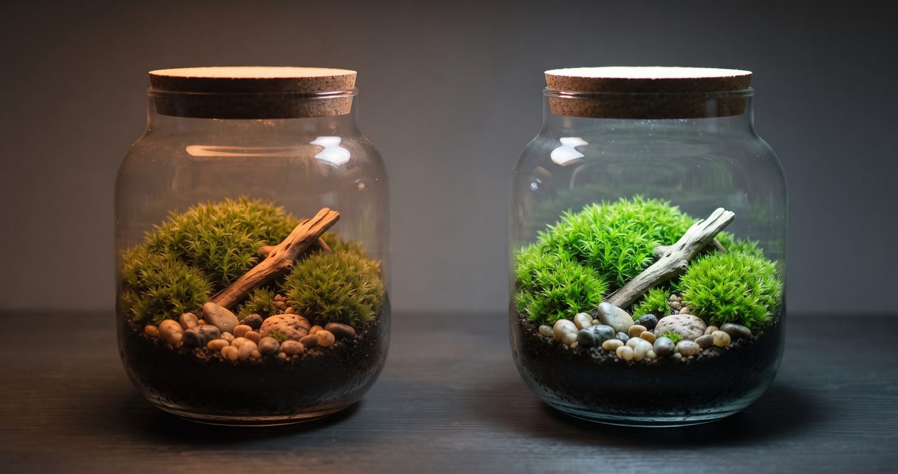 同じレイアウトの苔テラリウムを2つ並べた比較写真、左は電球色のオレンジがかった暖色の光で照らされオリーブ〜カーキ寄りの落ち着いたトーンに見え、右は昼白色の白っぽい光で照らされ苔の緑が鮮やかに見える