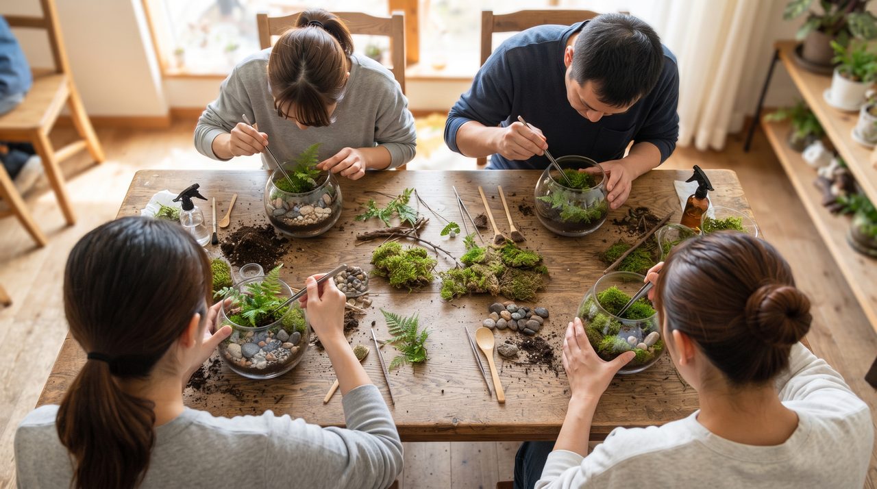 明るい室内の木製テーブルを斜め上から見た構図。4人がそれぞれの前のガラス容器に苔をピンセットで詰めている、苔テラリウムワークショップの様子