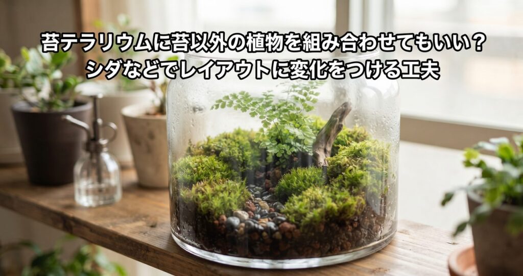 苔テラリウムに苔以外の植物を組み合わせてもいい?というタイトルの記事アイキャッチ、透明なガラス容器の苔テラリウムの中に苔と一緒に小さなシダ植物が1点添えられているクローズアップ写真