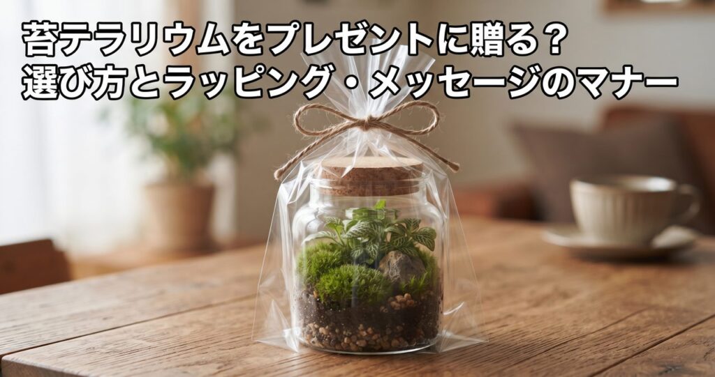 苔テラリウムをプレゼントに贈る?選び方とラッピング・メッセージのマナーというタイトルの記事アイキャッチ、透明な袋に包まれ麻紐でリボン結びされた苔テラリウムの写真