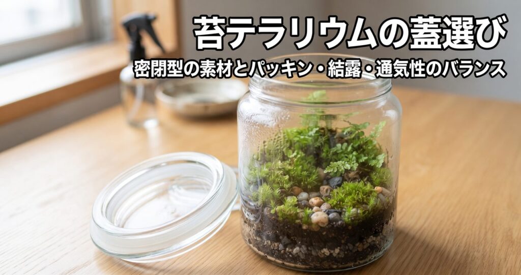苔テラリウムの蓋選び、密閉型の素材とパッキン・結露・通気性のバランスというタイトルの記事アイキャッチ、ジャー型容器の蓋を外してシリコンパッキンが見える状態にした写真