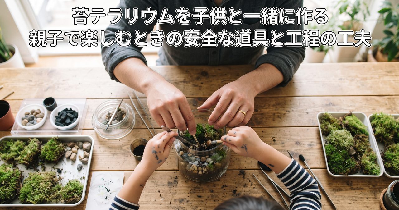 苔テラリウムを子供と一緒に作る、親子で楽しむときの安全な道具と工程の工夫というタイトルの記事アイキャッチ、俯瞰で見た大人と子供の手がテーブルの上の苔テラリウム作りに取り組んでいる写真、顔は写っていない