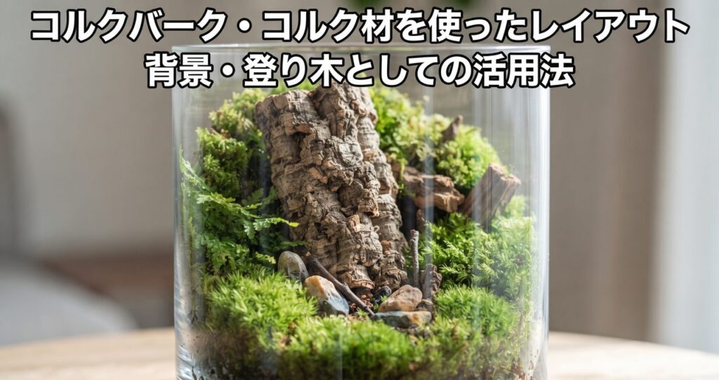 コルクバーク・コルク材を使ったレイアウト、背景・登り木としての活用法というタイトルの記事アイキャッチ、透明なガラス容器の中でコルクバークが登り木のように配置された苔テラリウムの写真