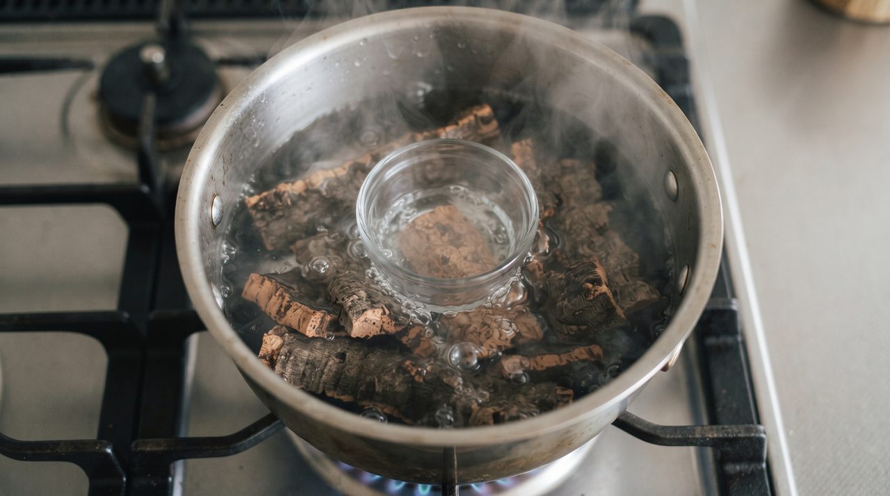 コンロにかけた鍋の中で湯が沸き、コルクバークが数本沈められ耐熱の小皿が重しとして乗せられている俯瞰の写真