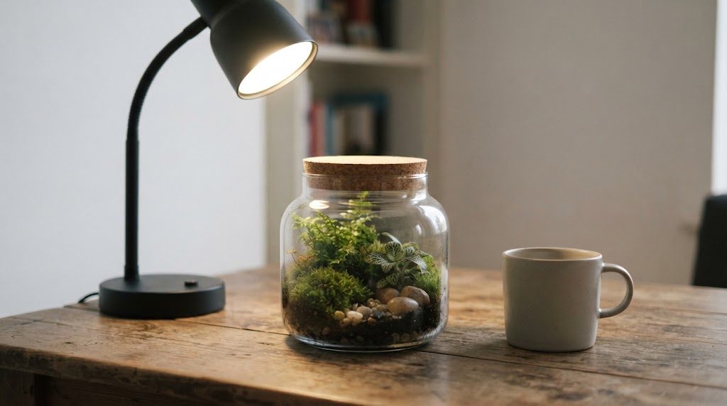 窓のない部屋の机で、スタンド式のLEDライトが苔テラリウムの容器を上から照らしている様子