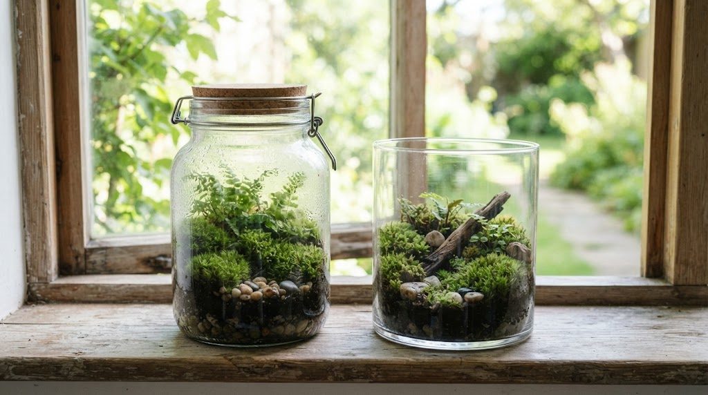 蓋つきの密閉型と蓋のない開放型の苔テラリウムを窓辺の棚に並べて見比べた様子