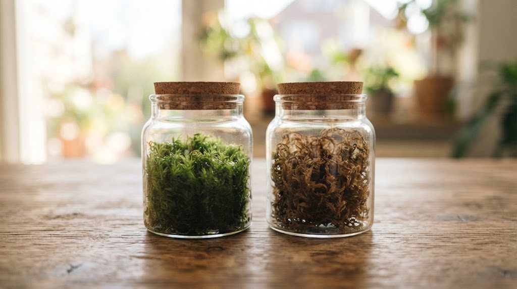 みずみずしい緑の苔と、乾いて茶色く縮れた苔を入れた2つの容器を並べて比べた様子