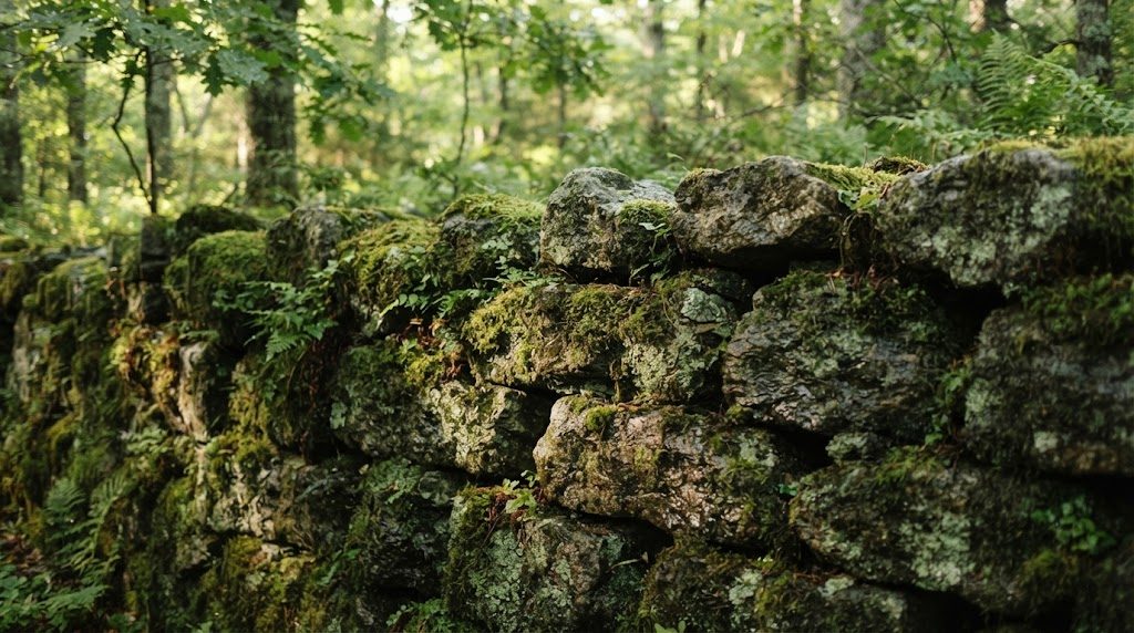 石垣の表面に緑の苔が一面に生えている屋外の様子