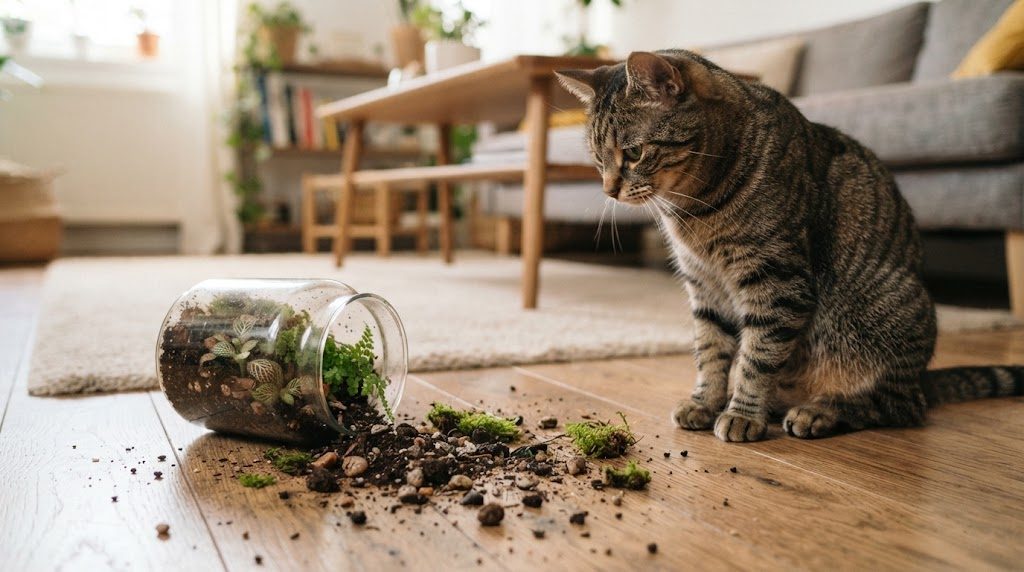 床に倒れた苔テラリウムの容器から苔と土が散らばり、そばで猫がそれを見つめている様子