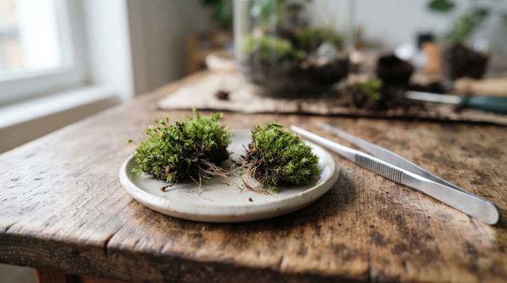 2つに分けられた苔の塊が小皿の上に並べられ、横にピンセットが置かれている様子